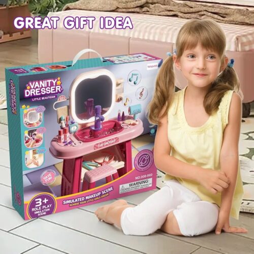 Makeup Dressing Table Set with Stool, Kids Vanity Set with LED Lighted Mirror and Music