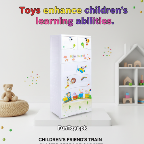 Plastic Drawers Cabinet with a "Hello Friends" print, designed for kids' storage. 
5+2