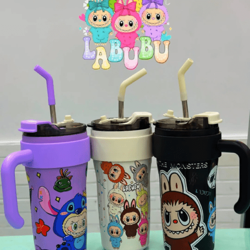 Alternative view of Labubu-themed insulated stainless steel tumblers with handles and straws. 