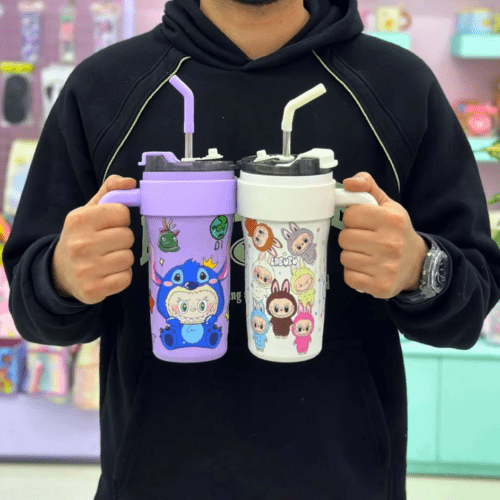 Labubu-themed insulated stainless steel tumblers with handles and straws. 
