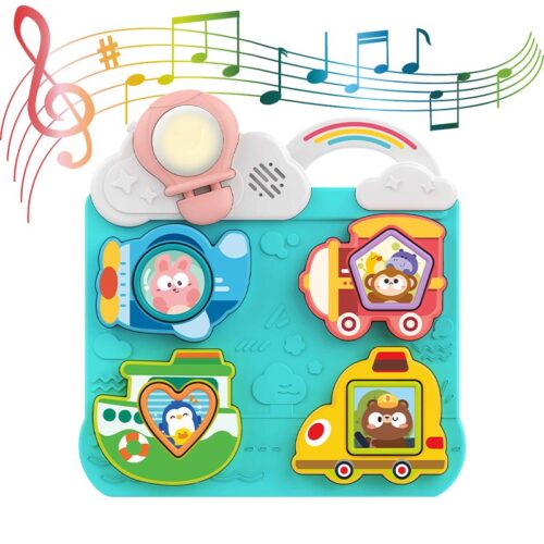 2 in 1 Baby Educational Vehicle Themed Puzzle and Shape Sorter Toy with Songs and Lights for Toddler Baby Hand Fine Motor Play