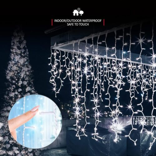 Alternative view of Led ICICLE String Lights indoor/outdoor 250 LEDs 4.9m length cool white 8 lighting modes Casa life  Solar Light