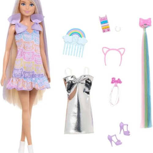 Barbie Fun & Fancy Doll & Accessories, Blonde Fashion Doll with Extra-Long Hair & 2 Looks, Including Silver Metallic Dress & Hair Extension, JCT72