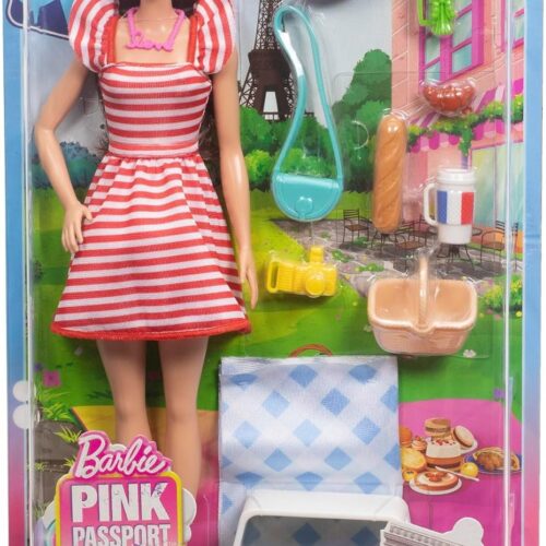 Barbie Doll Set with Clothes & Accessories, Pink Passport Paris Adventures, Includes Brunette Doll & Picnic Pieces