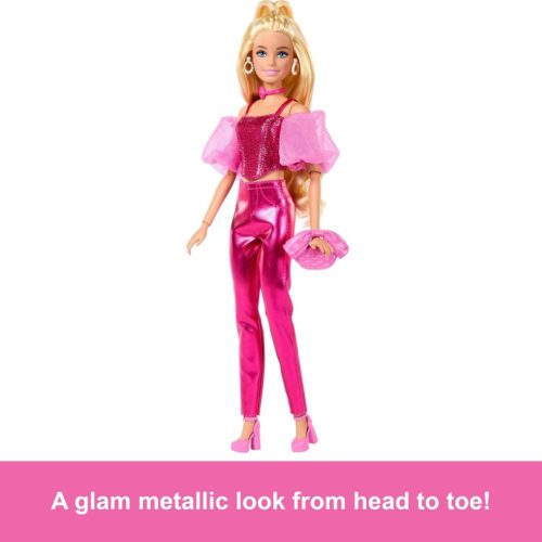 Alternative view of Barbie Deluxe Style Doll #5 in Metallic Pink Outfit, Blonde Hair, Sparkly Corset Top and Shiny Pants with Accessories Like Rose Necklace and Handbag