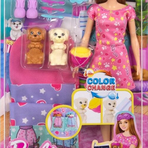 Barbie Doll & Playset with 2 Toy Dog Figures & 10+ Accessories, Puppy Slumber Party with Color-Change Feature, Sleeping Bag, Eye Masks & More