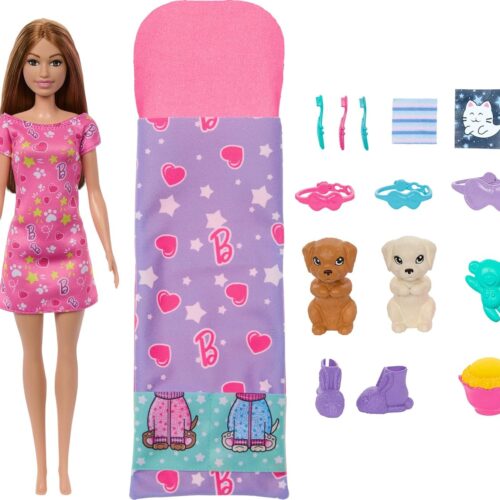Alternative view of Barbie Doll & Playset with 2 Toy Dog Figures & 10+ Accessories, Puppy Slumber Party with Color-Change Feature, Sleeping Bag, Eye Masks & More