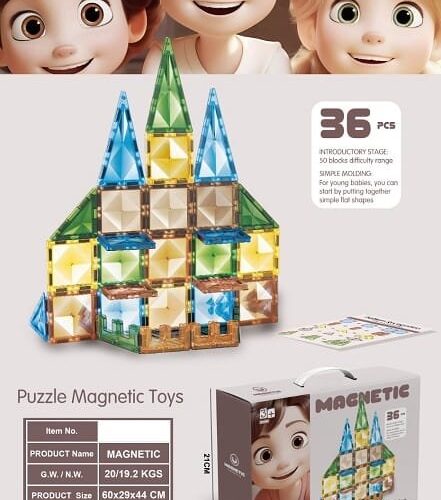 Alternative view of Magnetic construction set of 36 elements, different colors, size