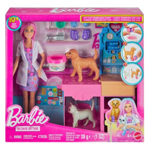 Barbie Fast Cast Veterinarian Clinic Playset With Pink Colored Hair Fashion Doll, Vet Furniture & 10+ Accessories