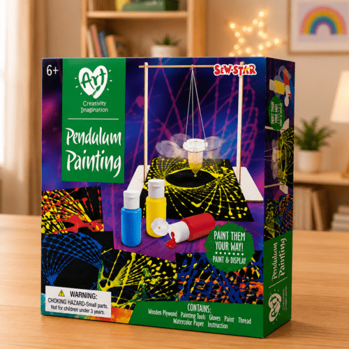 Alternative view of Sew Star Pendulum Painting art and creativity kit for kids features a wooden frame and includes paint, thread, and papers