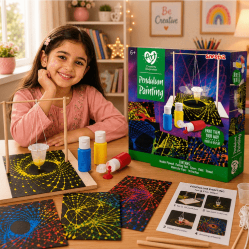 Sew Star Pendulum Painting art and creativity kit for kids features a wooden frame and includes paint, thread, and papers