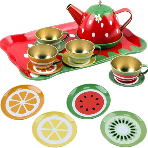 Fruit metal tea set is a colorful 14-piece toy kit