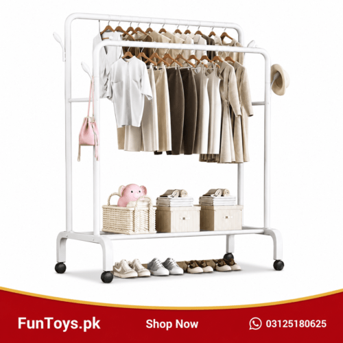 multipurpose metal clothes hanging rack with 68 kg weight capacity, side hooks, and bottom shoe storage shelves on wheels.