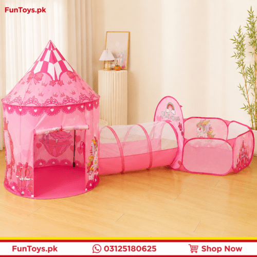 Unicorn Pink 3-in-1 kids play tent castle tent crawl-through tunnel, and an open ball pit.