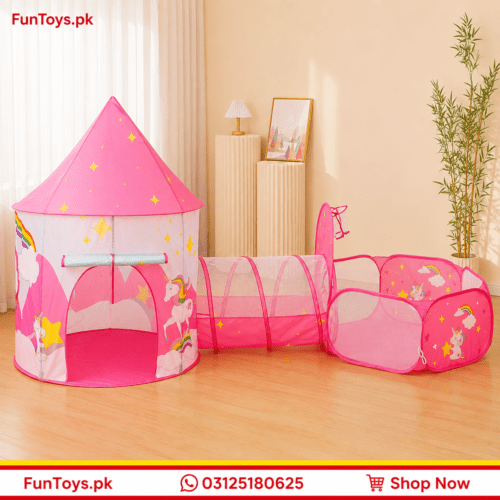 3-in-1 pink unicorn-themed kids play castle tent house