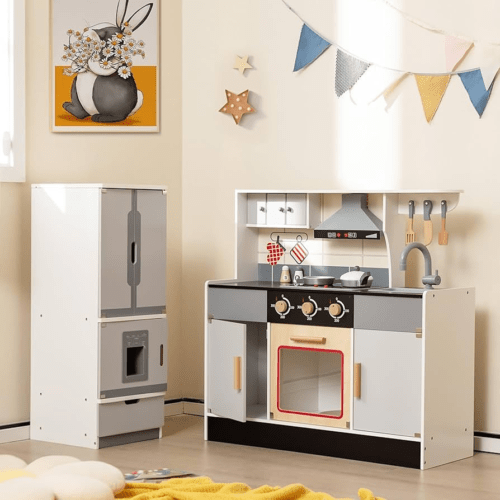 Alternative view of Pretend Play Kitchen Toy with Freestanding Refrigerator designed for children ages 3 and older.