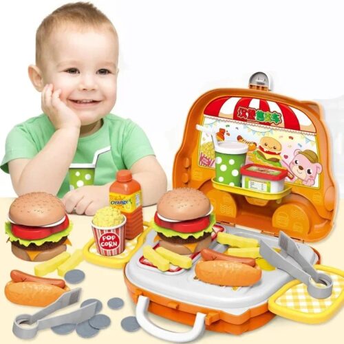 Pretend play hamburger cart for kids, food cutting toys, plastic corn, hot dog food, DIY kitchen toy, kitchen utensils, cutlery
