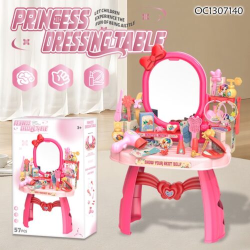 Portable Plastic Girls Toy Dressing Table Makeup Beauty Set with Hair Salon Accessories for Birthday Gift
