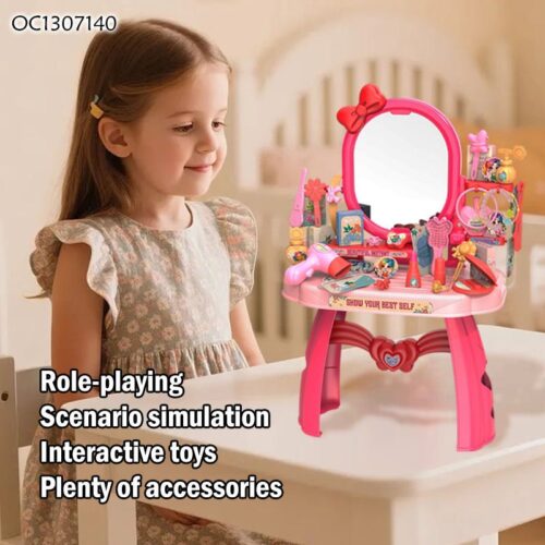 Alternative view of Portable Plastic Girls Toy Dressing Table Makeup Beauty Set with Hair Salon Accessories for Birthday Gift