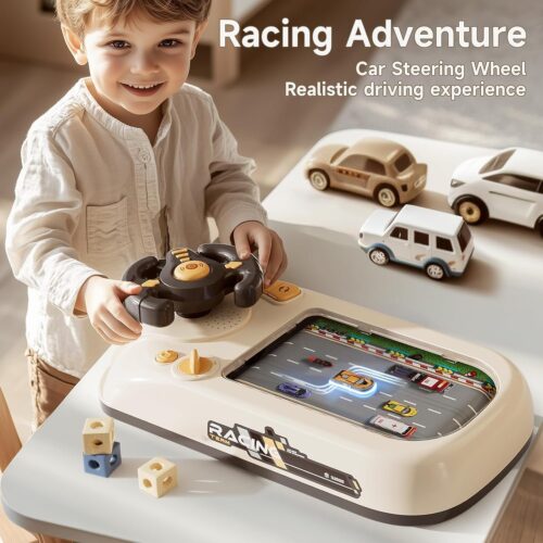 Simulated Driving Racing Car Game with Sound, Turbo Race Interactive Game Set with 200 Challenges, Electric Simulation Steering Wheel Toy, Obstacle Avoidance Car Driving Simulator for Kids