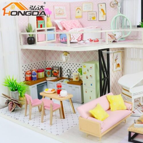 pink classic house DIY girls birthday gift miniature model doll house